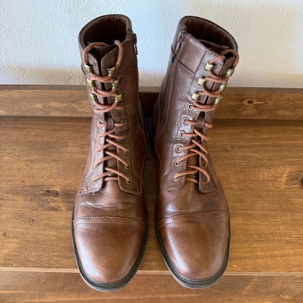 Frye & Co Kane Mens 11M Brown Combat Boots Cap Toe Lace Up Side Zip